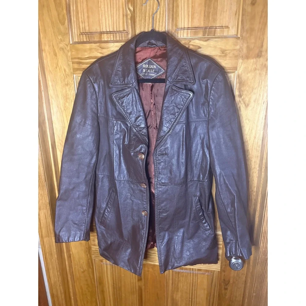 Golden State Leather Fashions Mens Brown Leather Car Coat Jacket Vintage Size 40